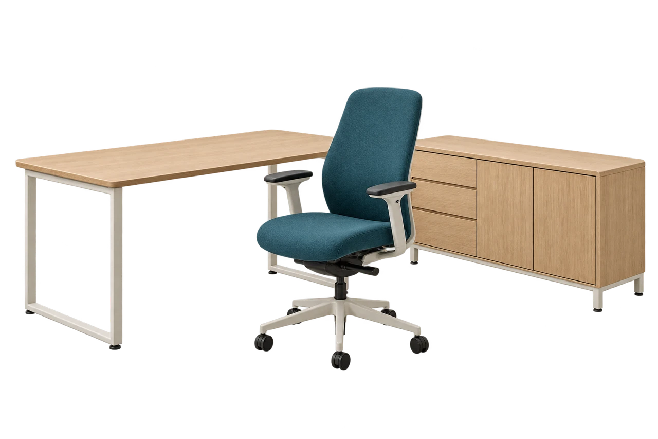 Business desk, office chair and storage furniture
